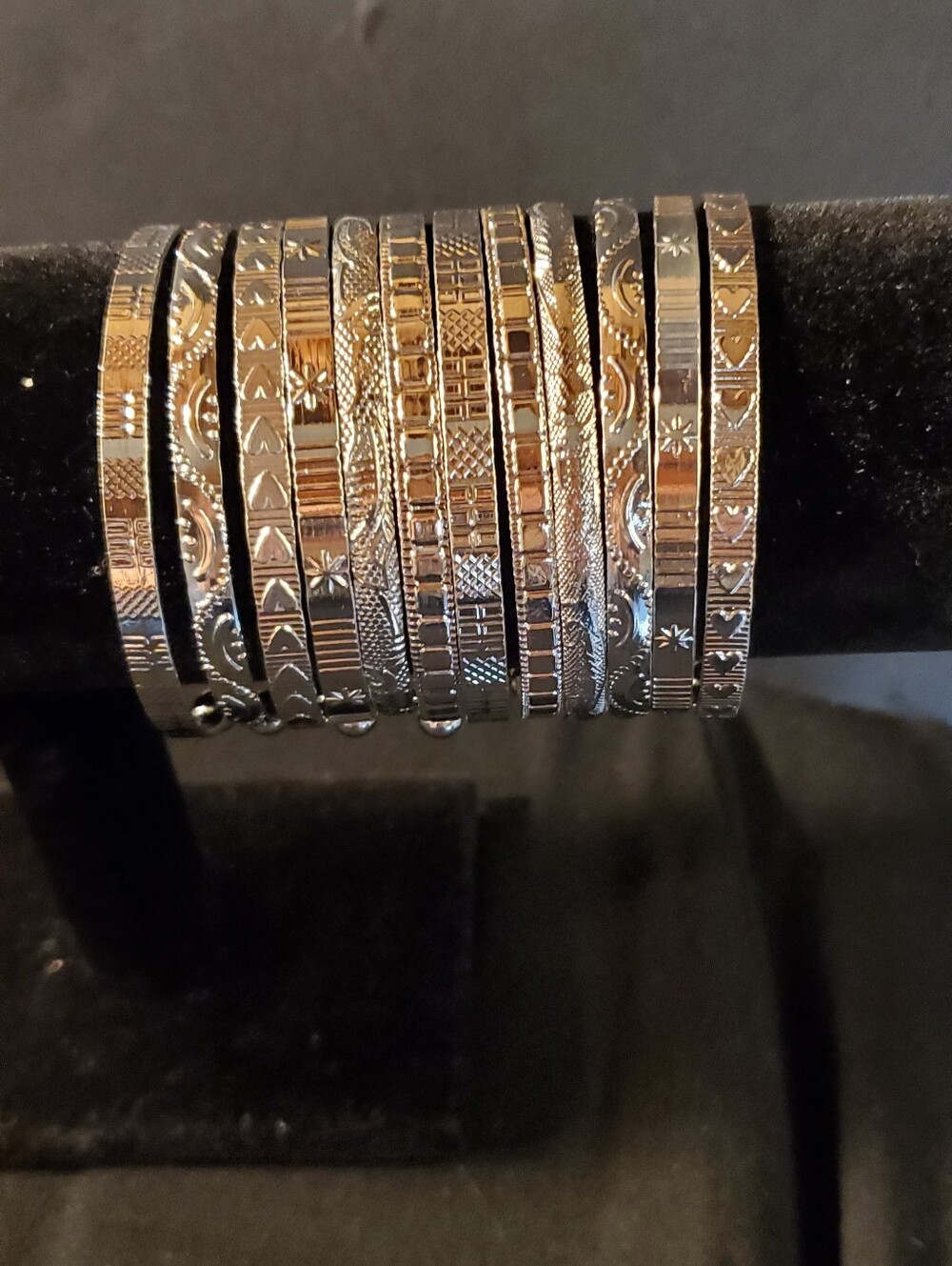 Complete 12-Piece Silver-Tone Stackable Bangle Set - Textured Boho Stack - Picture 9 of 9